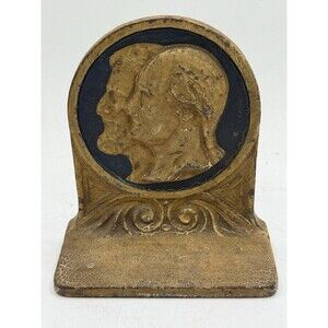 1 End Vintage Small Metal Bookend Presidents Lincoln and Washington Silhouettes